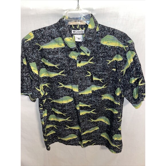 Columbia River Lodge Casual Shirt Men’s Size Medium Gray Green Fish Motif Button - Picture 1 of 12